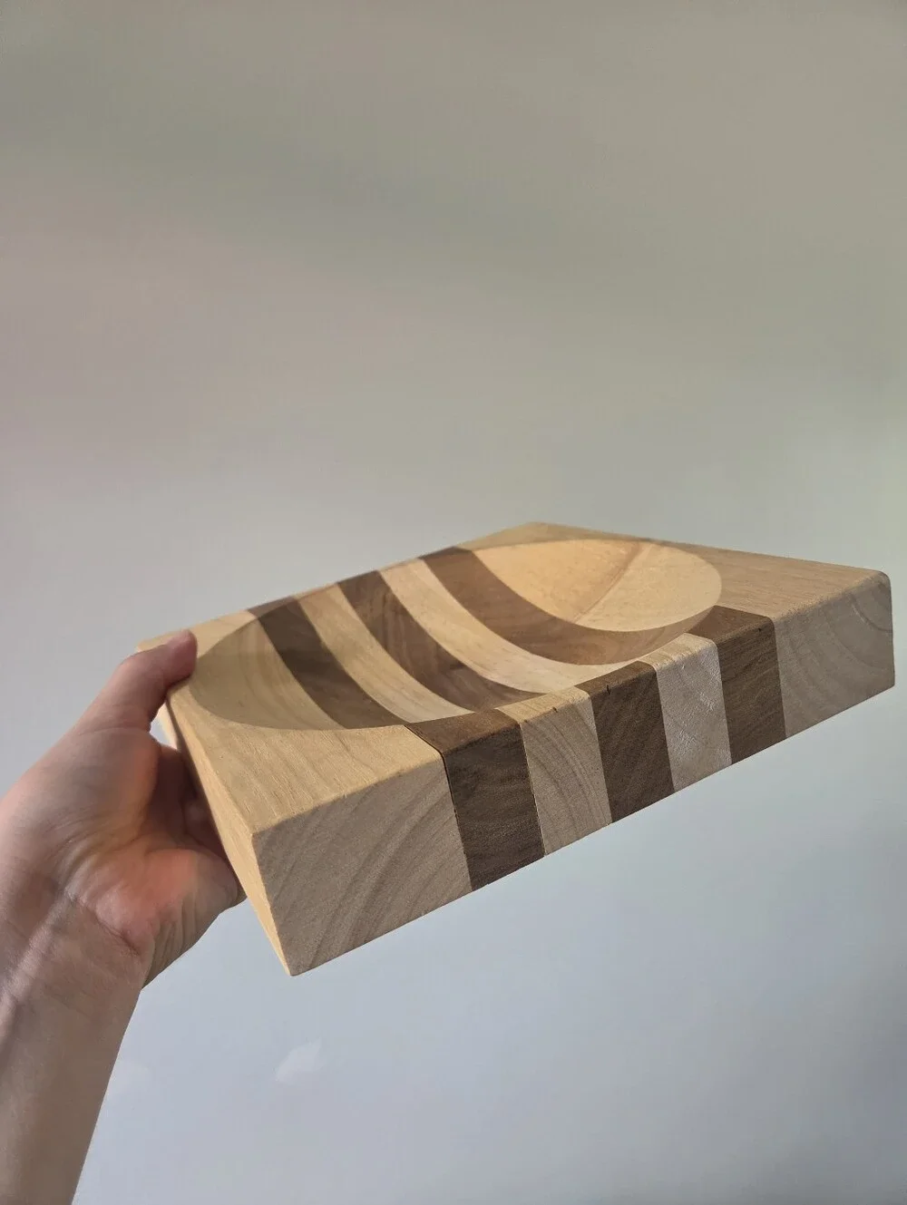 Handmade Birch and Walnut Striped Ulu Chopping Board Bowl for Mezzaluna Knife